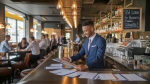 A man in a blue suit stands at a bar counter, smiling while reviewing paperwork about financing a pub. Behind him, people socialize at tables. A chalkboard sign reads SBA LOANS For Business Finance Growth. The bar is modern and warmly lit.