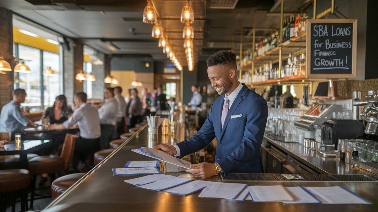 A man in a blue suit stands at a bar counter, smiling while reviewing paperwork about financing a pub. Behind him, people socialize at tables. A chalkboard sign reads SBA LOANS For Business Finance Growth. The bar is modern and warmly lit.