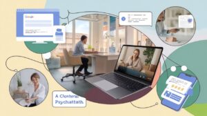 A collage shows a man at a desk, a woman on a video call, someone using a phone, a woman writing, and reviews on a phone—highlighting online psychiatry and lead generation for therapists. Text reads: A Clonhrra Psychatath.