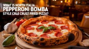 A pepperoni pizza with a thick, crispy crust sits on a wooden board, surrounded by fresh basil, garlic, and tomatoes. Text on the image reads: What is bomba style pizza? Discover North Italia Pepperoni Bomba Style Crispy Crust Fried Pizza.