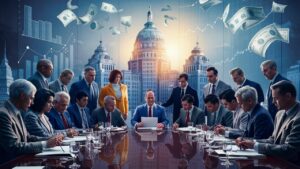 A diverse group of businesspeople sit around a conference table, focused on documents, with a cityscape and government buildings in the background. Floating money, charts, and graphs symbolize finance and economics.