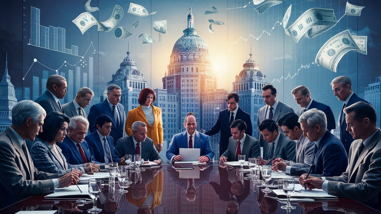 A diverse group of businesspeople sit around a conference table, focused on documents, with a cityscape and government buildings in the background. Floating money, charts, and graphs symbolize finance and economics.