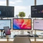 A photo of a bustling home office setup with multi 15qgMwhsTGWoqh FU5RkgQ yDbTHoxmTEawsyF cFkRxg