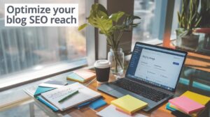 A laptop on a desk displays a blog page, surrounded by colorful sticky notes, notebooks, a coffee cup, and a plant. Text in the image reads “Optimize your blog SEO reach.” Sunlight streams through nearby windows.
