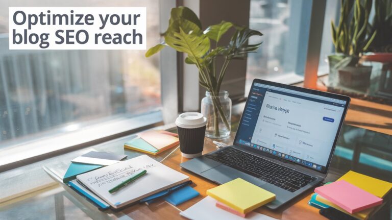 A laptop on a desk displays a blog page, surrounded by colorful sticky notes, notebooks, a coffee cup, and a plant. Text in the image reads “Optimize your blog SEO reach.” Sunlight streams through nearby windows.