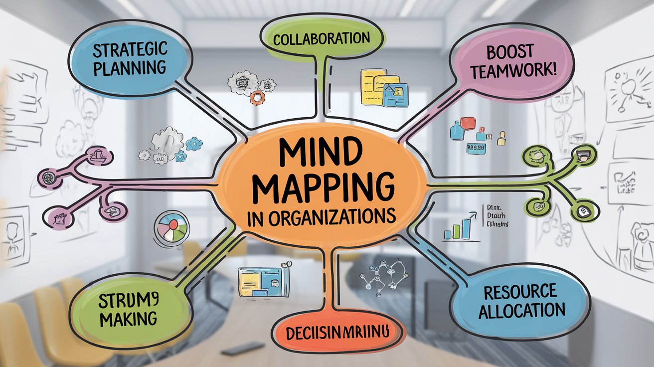 A colorful mind map diagram titled Mind Mapping in Organizations, with branches labeled strategic planning, collaboration, boost teamwork, resource allocation, decision making, and strum9 making, on an office background.