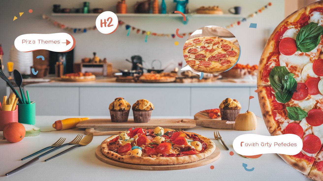 A kitchen decorated with colorful garlands features pizzas, muffins, and utensils on a counter. Hand-drawn text bubbles read “Pizza Themes,” “H2,” and “ravieh arty Pefedes.” A close-up of a pepperoni pizza is highlighted.