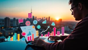 A person works on a laptop at sunset with a city skyline in the background. Colorful financial charts, graphs, and icons are digitally overlaid, suggesting data analysis or business planning.