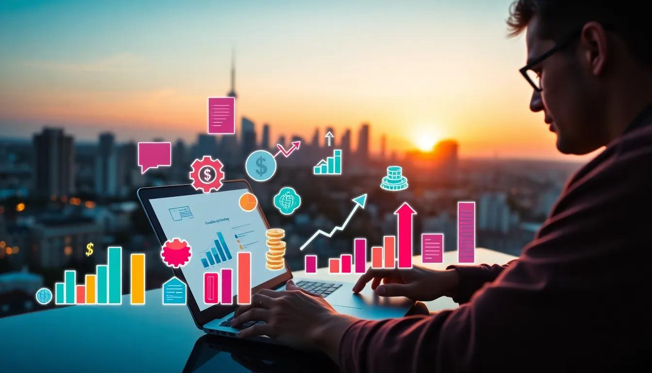 A person works on a laptop at sunset with a city skyline in the background. Colorful financial charts, graphs, and icons are digitally overlaid, suggesting data analysis or business planning.