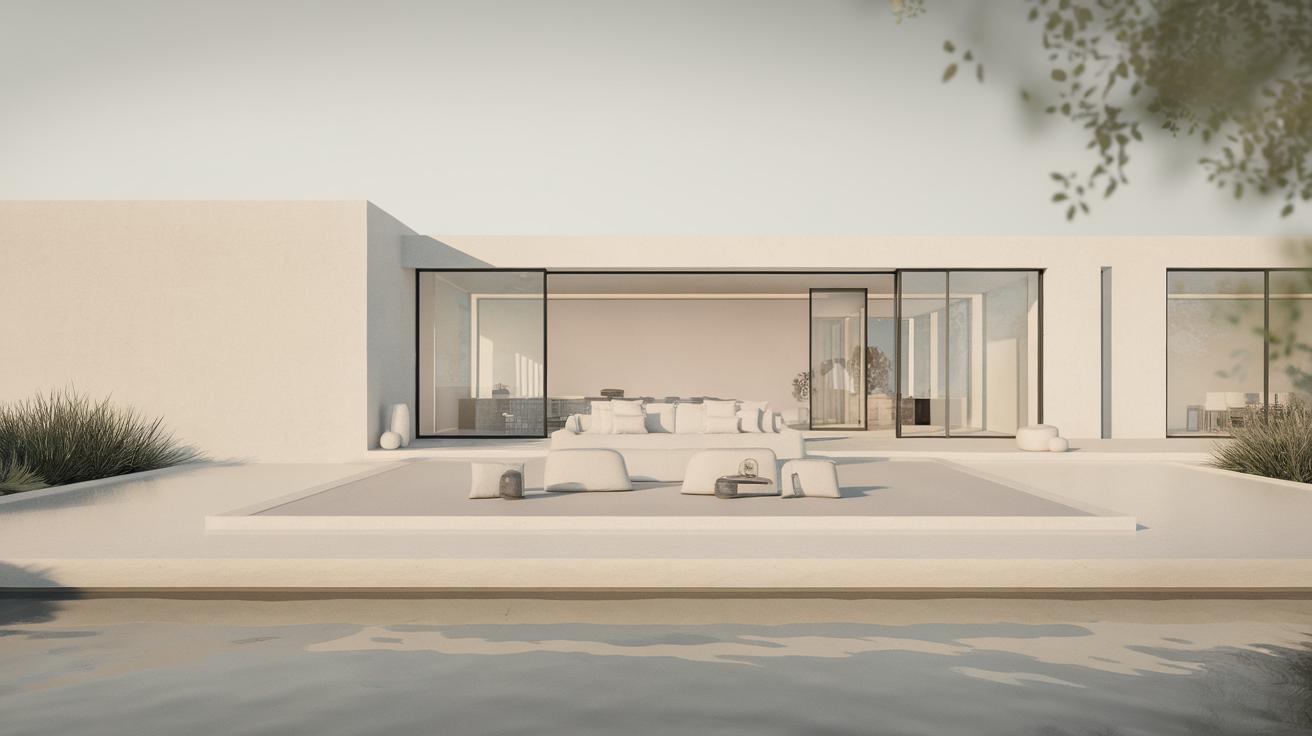 Minimalist modern house with large glass windows and sliding doors, white exterior walls, outdoor seating area, and a reflecting pool in front. Sparse landscaping with low green shrubs frames the serene scene.