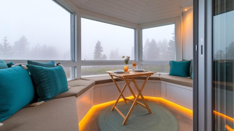 A cozy sunroom with large windows shows a foggy outdoor view. Inside, there are cushioned benches with blue pillows, a small wooden table set for two, and warm yellow accent lighting under the seating.