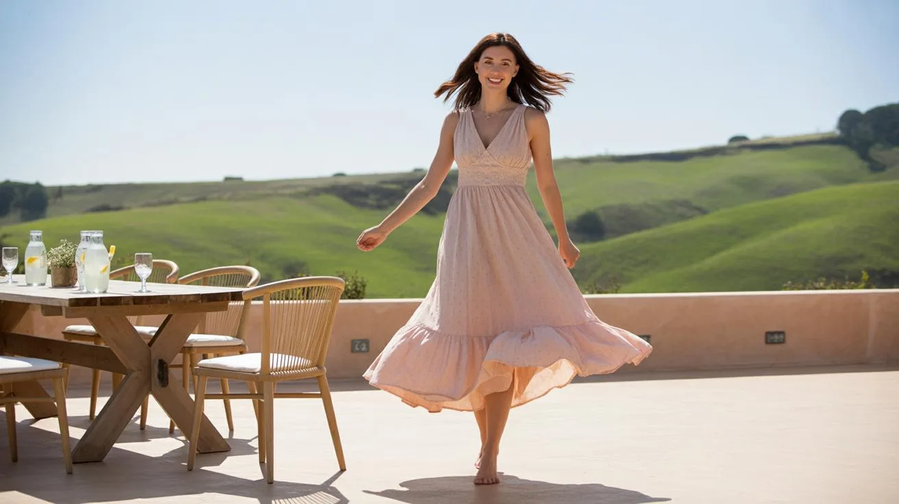 A woman in a light pink dress twirls and smiles outdoors on a sunny day, with green hills in the background and a wooden table with chairs on a patio.