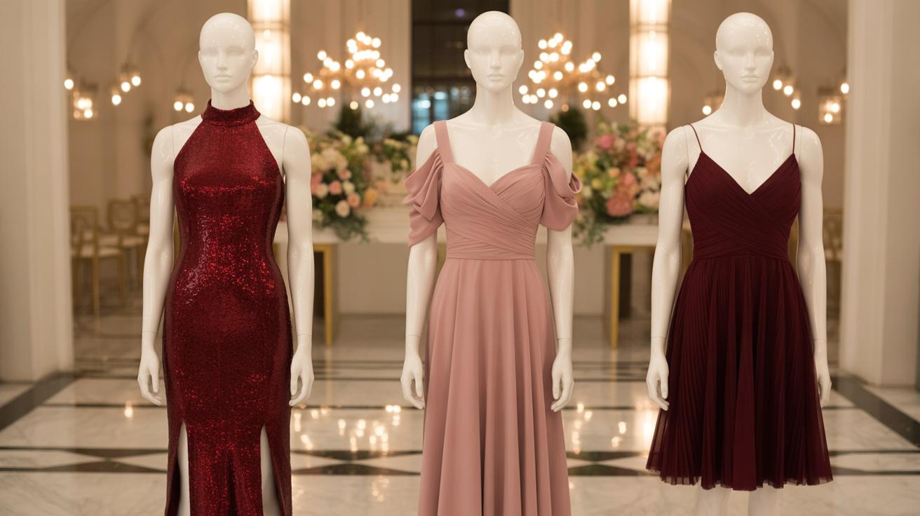Three mannequins display formal dresses: a sleeveless red sequin gown with slits, a pink off-shoulder floor-length dress, and a sleeveless burgundy knee-length dress, set in an elegant, chandelier-lit room.