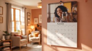 A wall calendar open to fall 2025 hangs in a cozy, sunlit living room. The calendar features a smiling woman holding a jar of coins. The room includes armchairs, framed pictures, and large windows letting in natural light.