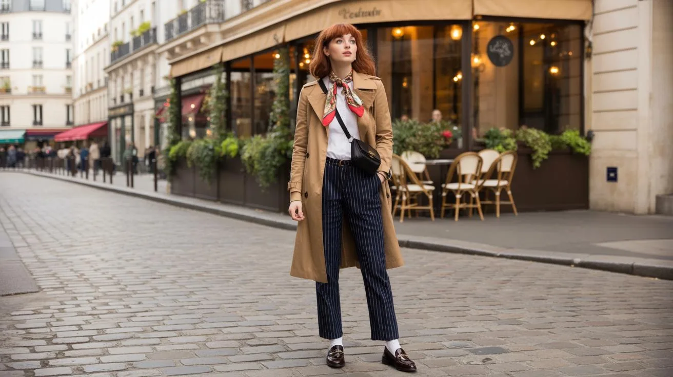 A woman wearing a tan trench coat, white blouse, striped pants, and loafers stands on a cobblestone street in front of a café with outdoor seating and potted plants. The scene appears to be in a European city.