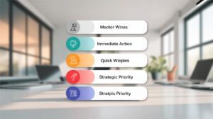 A blurred office background with four colored steps labeled: Mector Winss, Immediate Action, Quick Wiepies, Strategic Priority, and Stratpic Priority, each with an icon. Some words contain spelling errors.