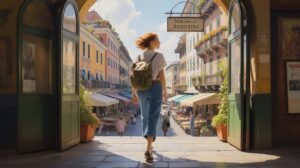 A woman with a backpack walks through an arched doorway into a sunny street lined with colorful buildings and market stalls, under a sign that reads Welcome to Aventine.