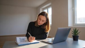 A woman sits at a desk in a bright room, writing in a notebook labeled Budget CLEAN notebook. A laptop and a small potted plant are on the desk beside her.