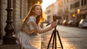 A woman in a light dress adjusts a camera on a tripod on a sunlit, cobblestone street, with soft golden light illuminating her hair and background buildings.