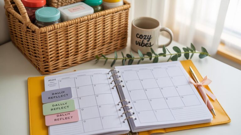 A desk with an open planner, colorful page tabs, a pen, a basket of jars, a mug labeled cozy vibes, and a green leafy branch, all lit by natural light from a nearby window.