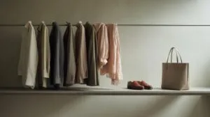 A minimalist clothing rack with jackets, shirts, a pink scarf, brown shoes, and a beige tote bag arranged neatly against a light gray wall.