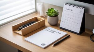 A desk with a notepad titled Challenge Plan Essentials, a black pen, a wooden tray holding two pens, a small potted succulent, and a standing calendar open to October 26 near a window.