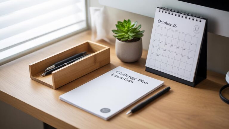 A desk with a notepad titled Challenge Plan Essentials, a black pen, a wooden tray holding two pens, a small potted succulent, and a standing calendar open to October 26 near a window.