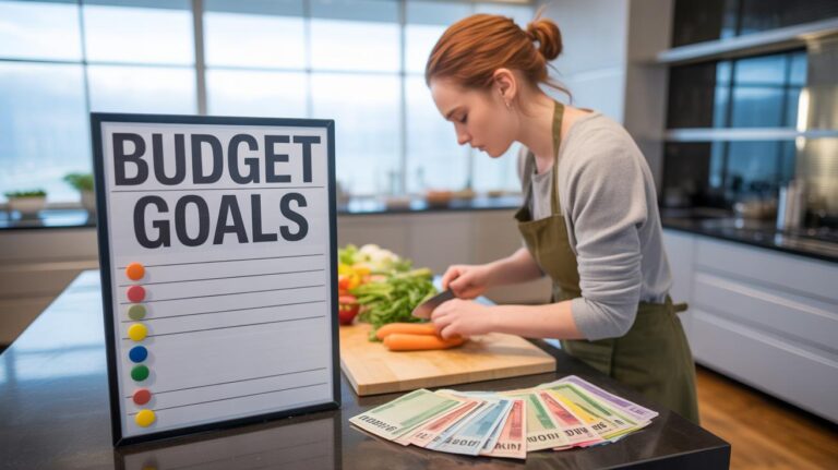 A woman chops vegetables in a modern kitchen. In the foreground, a sign reads “BUDGET GOALS” with space to write underneath, and several colorful envelopes labeled with different expenses are spread out on the counter.