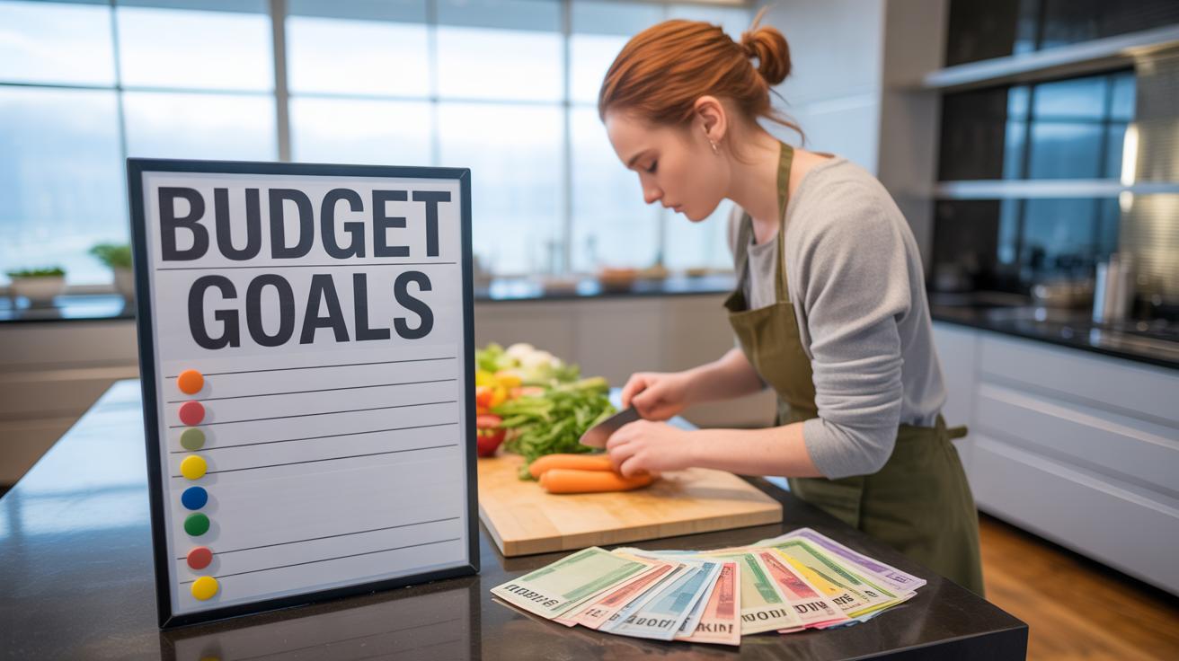 A woman chops vegetables in a modern kitchen. In the foreground, a sign reads “BUDGET GOALS” with space to write underneath, and several colorful envelopes labeled with different expenses are spread out on the counter.