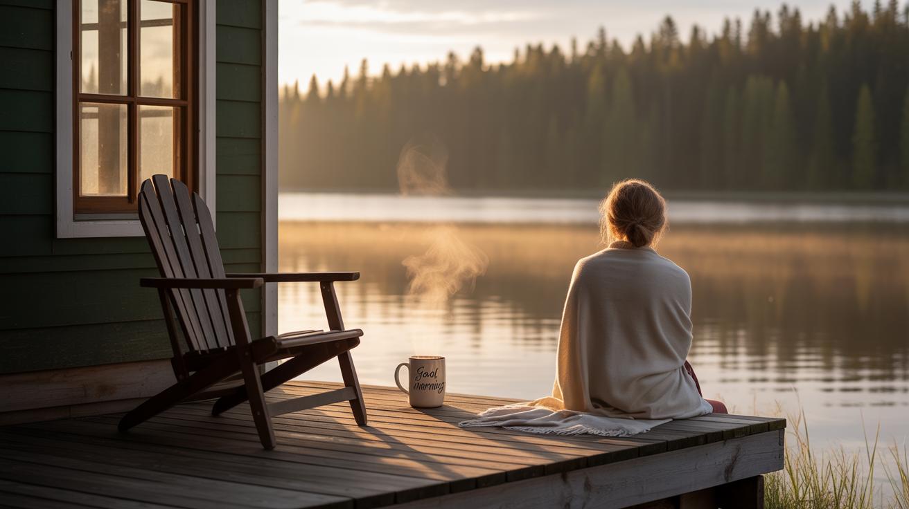 A person wrapped in a blanket sits on a wooden porch by a lake at sunrise, with a steaming mug labeled Good Morning nearby. Trees and calm water are in the background, creating a peaceful atmosphere.
