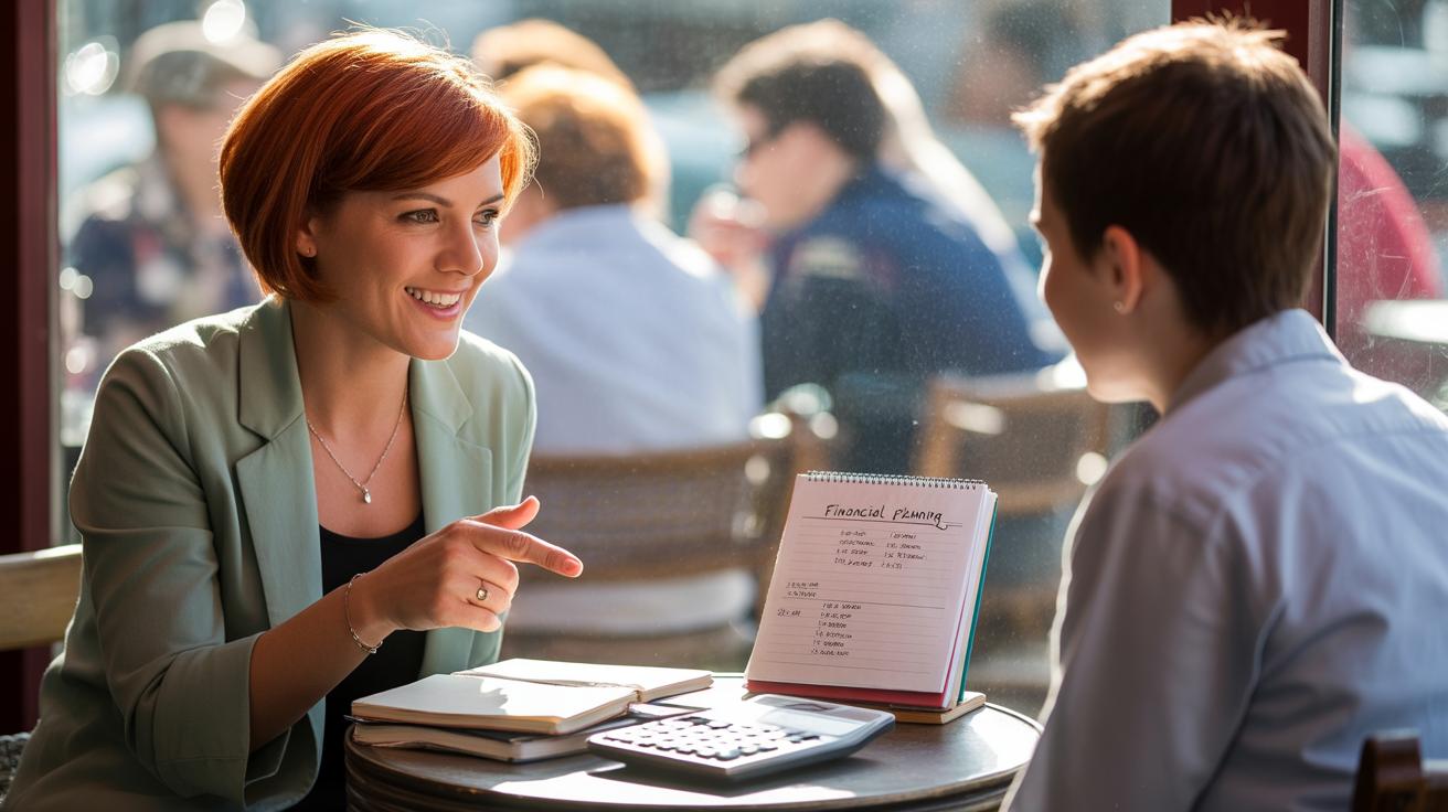 Two women sit at a café table, discussing a financial planner notebook and using a calculator. One woman smiles and points at the notebook, while the other listens. Sunlight streams through the window behind them.