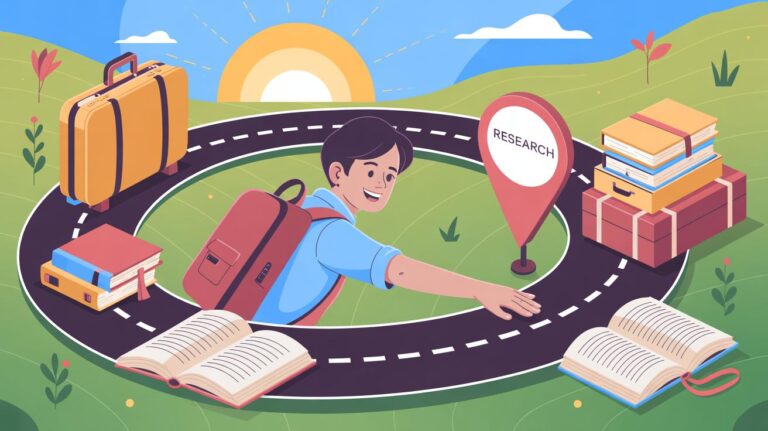 A smiling student with a backpack travels along a circular road surrounded by books, luggage, and a location pin labeled Research, set against a sunny, green landscape.