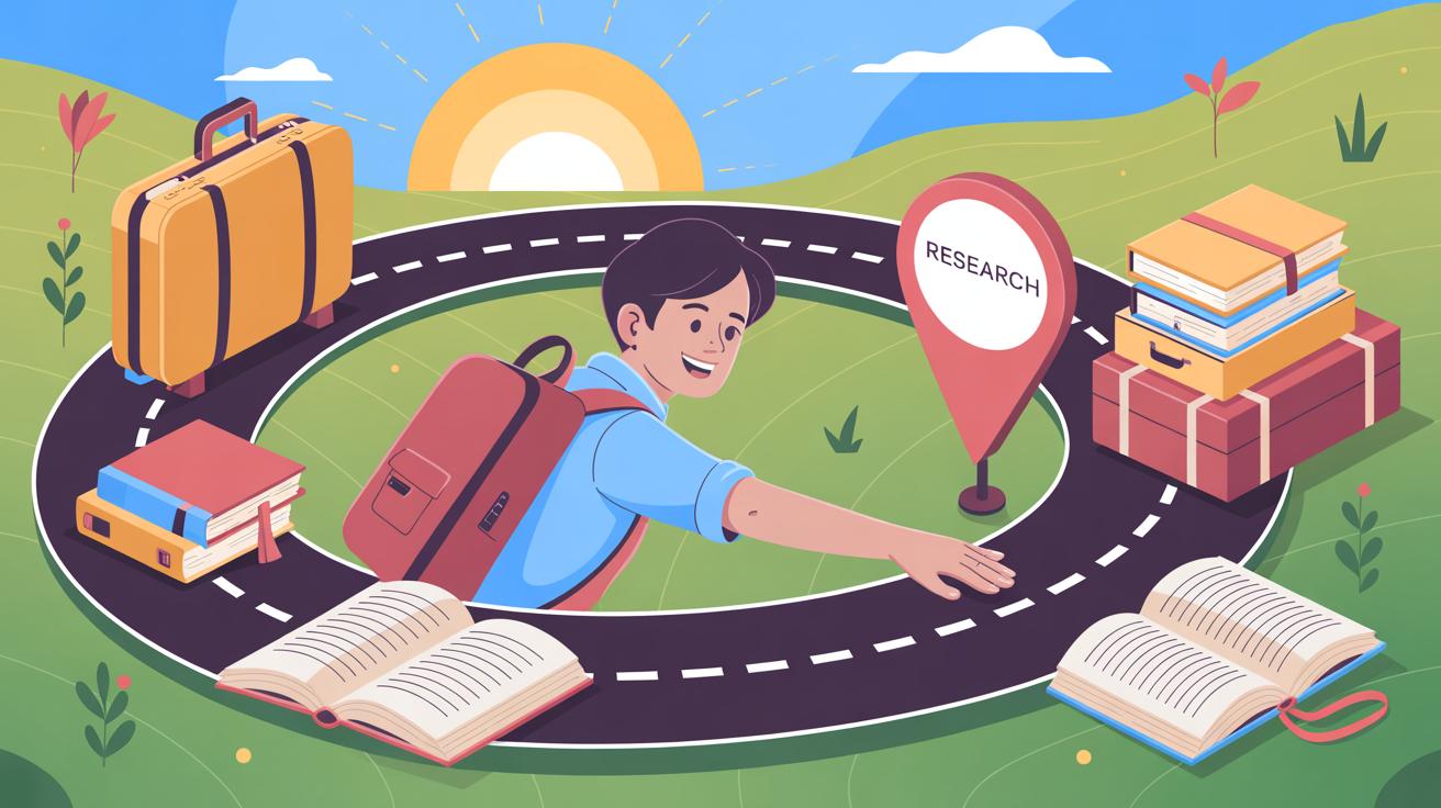 A smiling student with a backpack travels along a circular road surrounded by books, luggage, and a location pin labeled Research, set against a sunny, green landscape.
