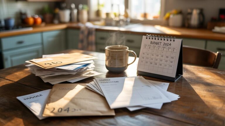 A kitchen table with a mug, steaming, beside a 2024 budget calendar, envelopes, bills, and financial documents, all in a sunlit kitchen setting.