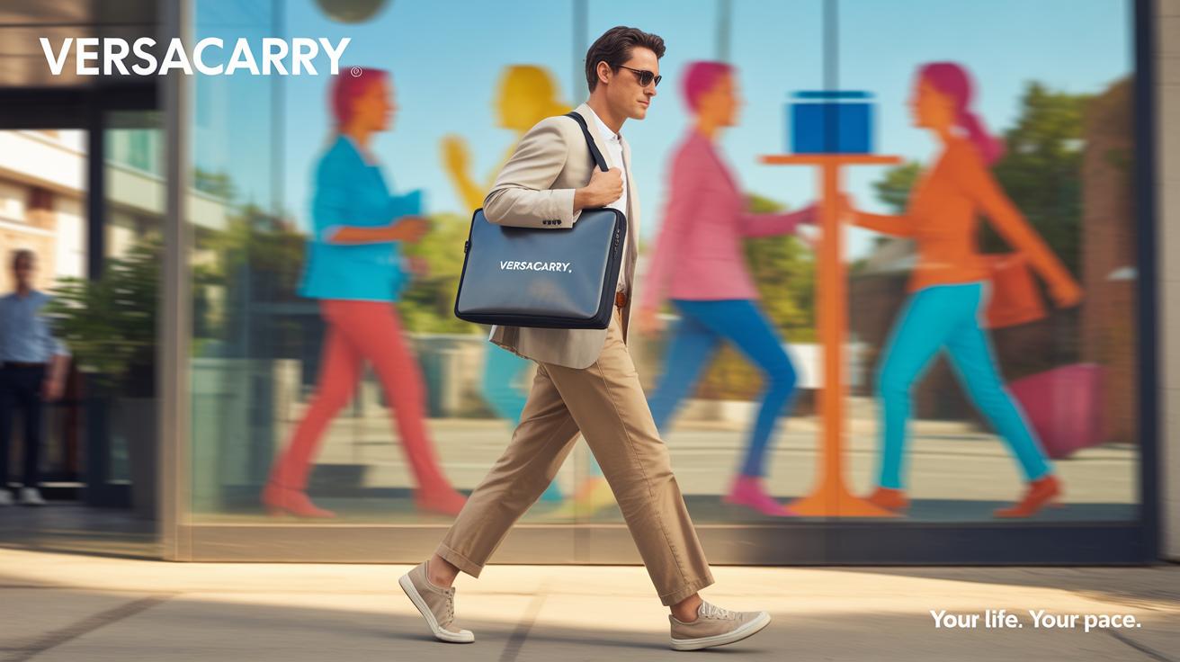 A man in sunglasses and business attire walks confidently outside, carrying a branded VERSACARRY bag. Behind him, a colorful mural shows silhouettes of people in motion. Text reads, VERSACARRY. Your life. Your pace.