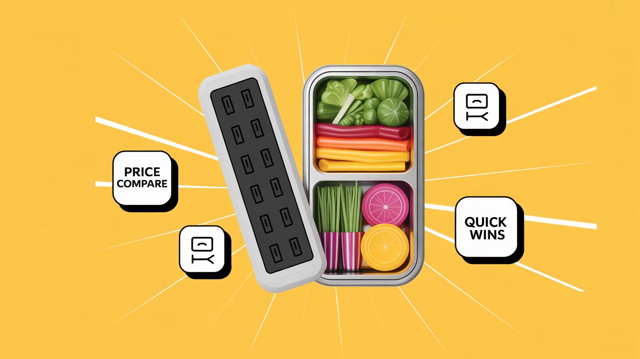 A lunchbox with neatly arranged colorful vegetables is open on a yellow background. Icons show “PRICE COMPARE” and “QUICK WINS,” suggesting savings or efficiency tips related to food.