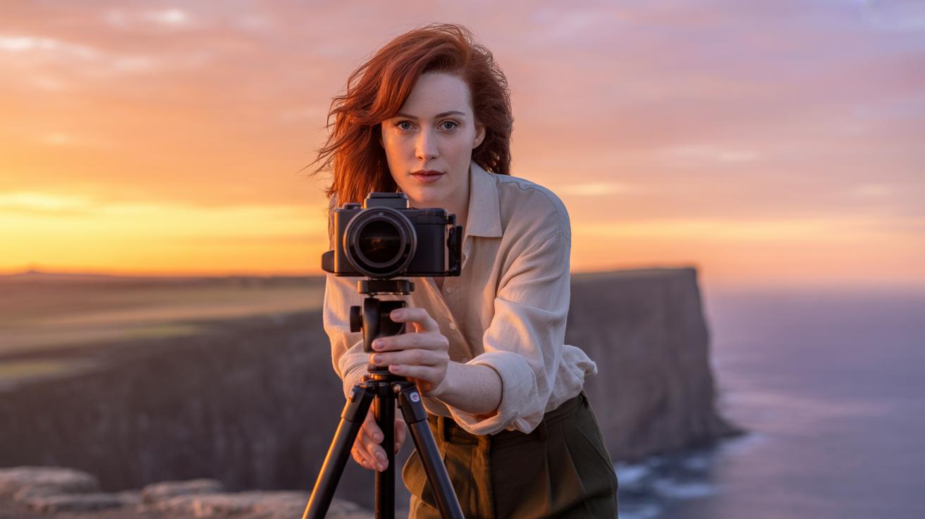 A woman with red hair adjusts a camera on a tripod at the edge of seaside cliffs during a vibrant sunset, with soft orange and purple tones in the sky.