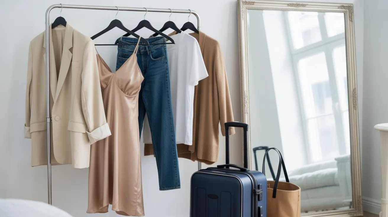 A clothing rack with a beige blazer, satin slip dress, blue jeans, white t-shirt, and brown sweater hangs beside a suitcase and tote bag in front of a large mirror in a bright room.
