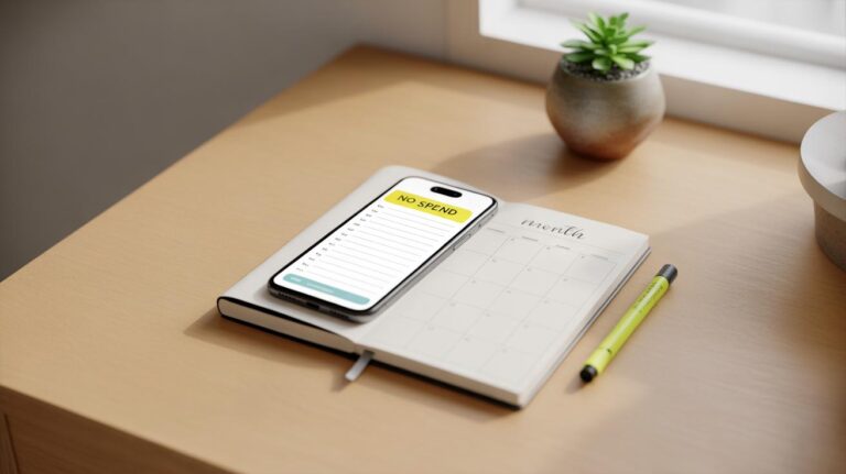 A smartphone showing a No Spend list rests on an open planner with a calendar. A pen and a small potted plant are placed nearby on a wooden desk next to a window.