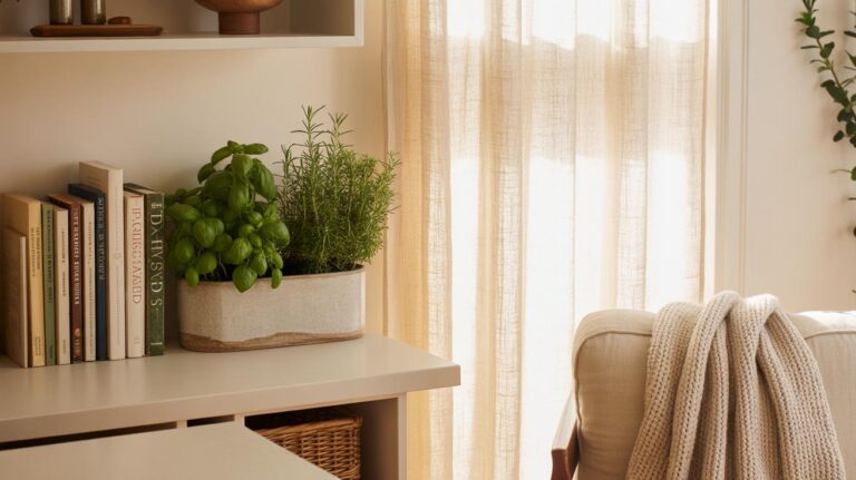 A cozy, sunlit room with a beige armchair draped with a knitted blanket, a desk with books and potted herbs, and sheer curtains letting in natural light.
