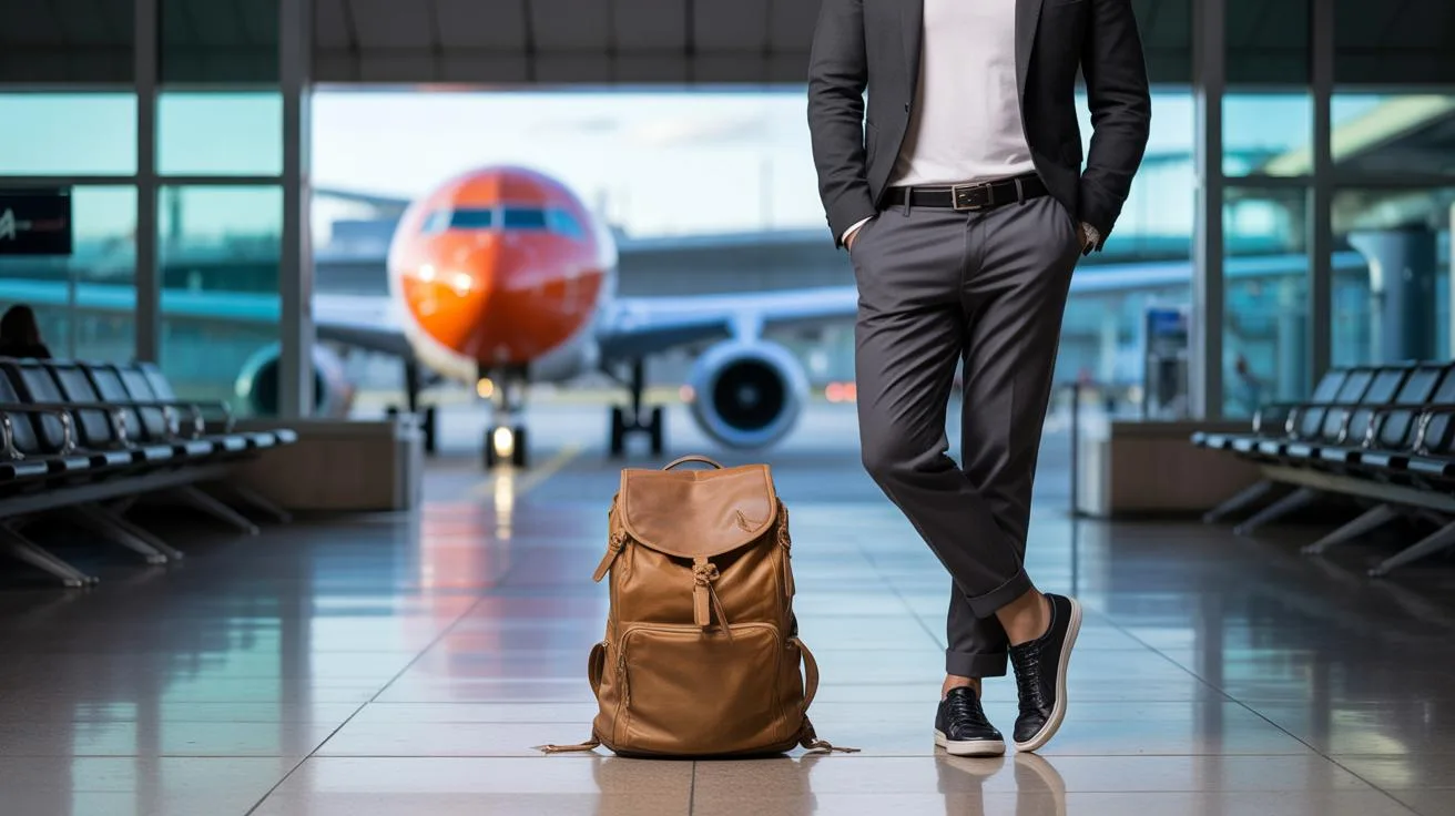 A man in a suit stands in an airport terminal with a brown backpack on the floor in front of him. An orange airplane is seen outside through large windows in the background.