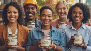 Five smiling people stand outdoors, each holding a glass jar labeled SAVE TOMORROW. They appear happy and unified, suggesting a community or group initiative focused on saving or planning for the future.