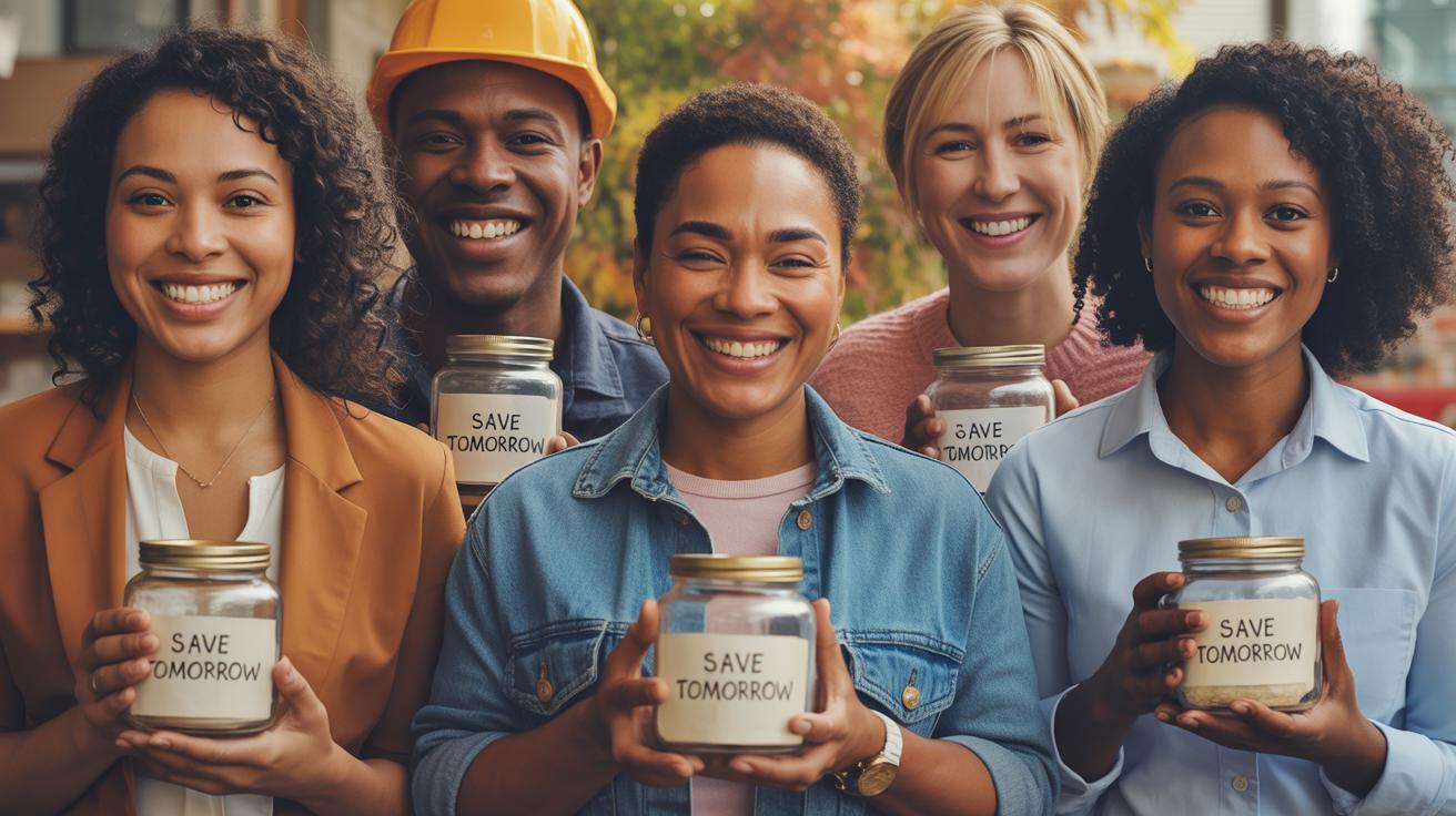 Five smiling people stand outdoors, each holding a glass jar labeled SAVE TOMORROW. They appear happy and unified, suggesting a community or group initiative focused on saving or planning for the future.
