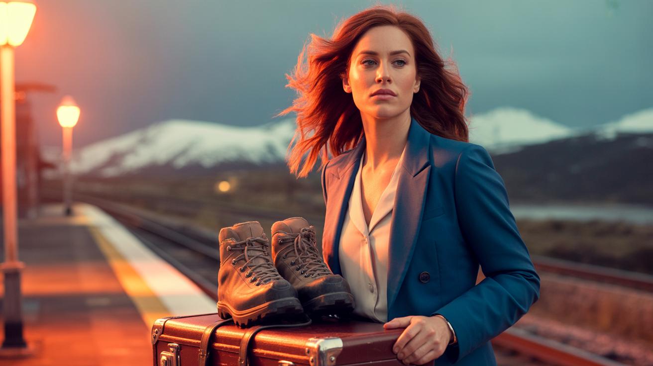 A woman with red hair in a blue blazer stands on a train platform at dusk, holding a suitcase with a pair of hiking boots on top. Snow-capped mountains and train tracks are visible in the background.