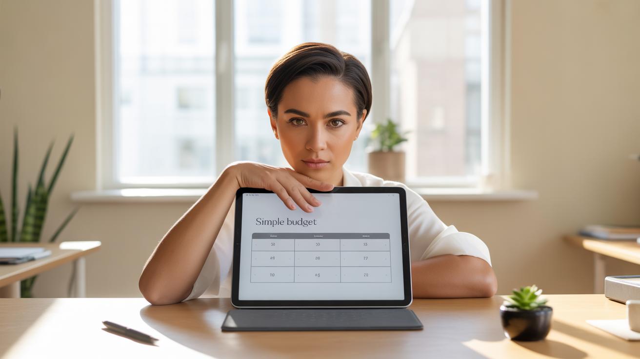 A woman sits at a desk in a bright office, holding a tablet displaying a simple budget table. She looks directly at the camera. The desk has a notebook and a small potted plant.