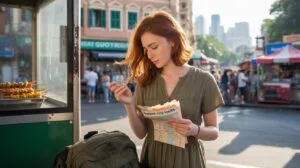 A young woman with red hair, wearing a green dress, looks at a compass and a city map near a street food stall. Her backpack is nearby, and a busy urban street scene unfolds in the background.