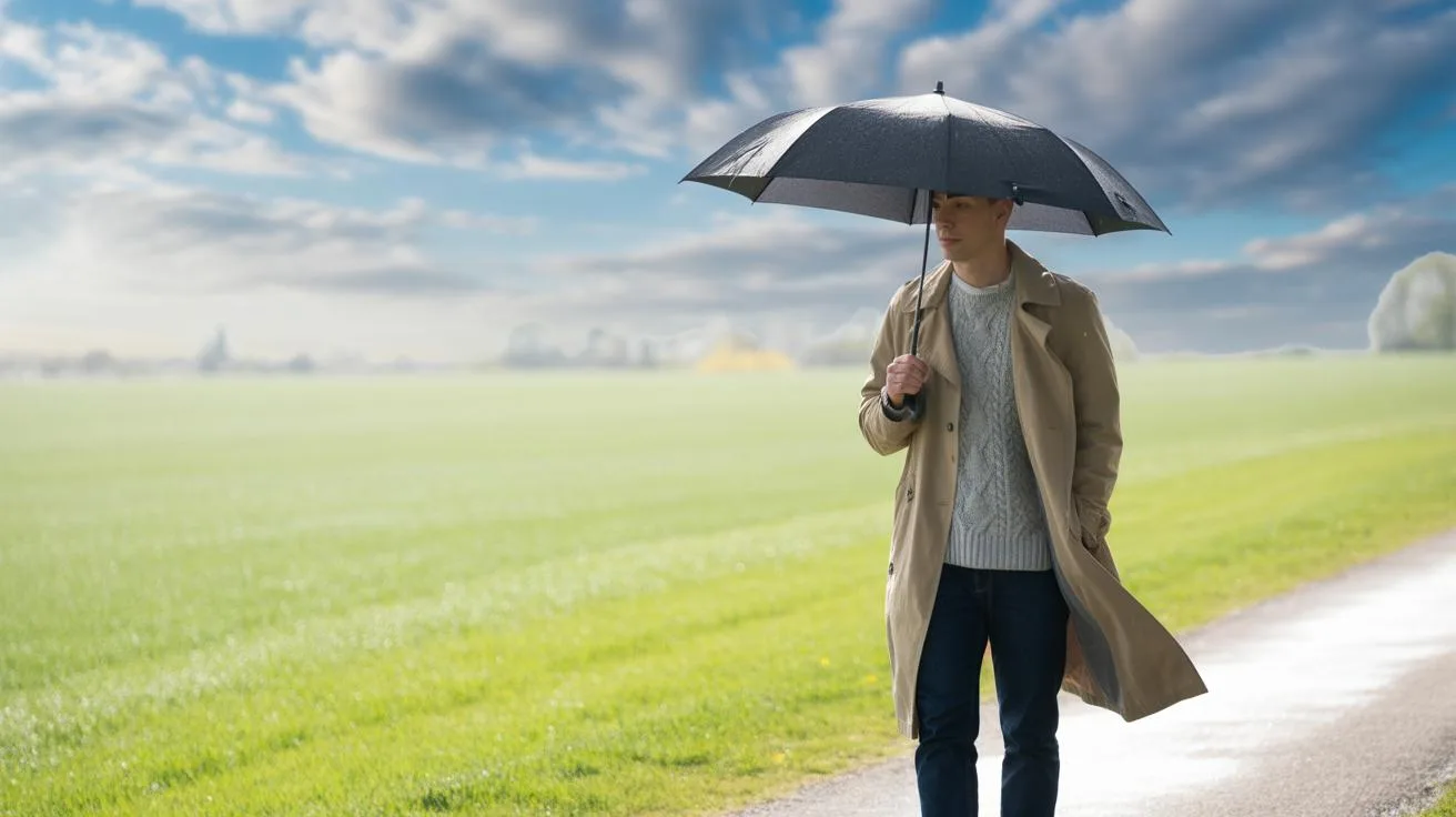 A person in a beige trench coat walks on a paved path beside a green field, holding a black umbrella under a cloudy sky.