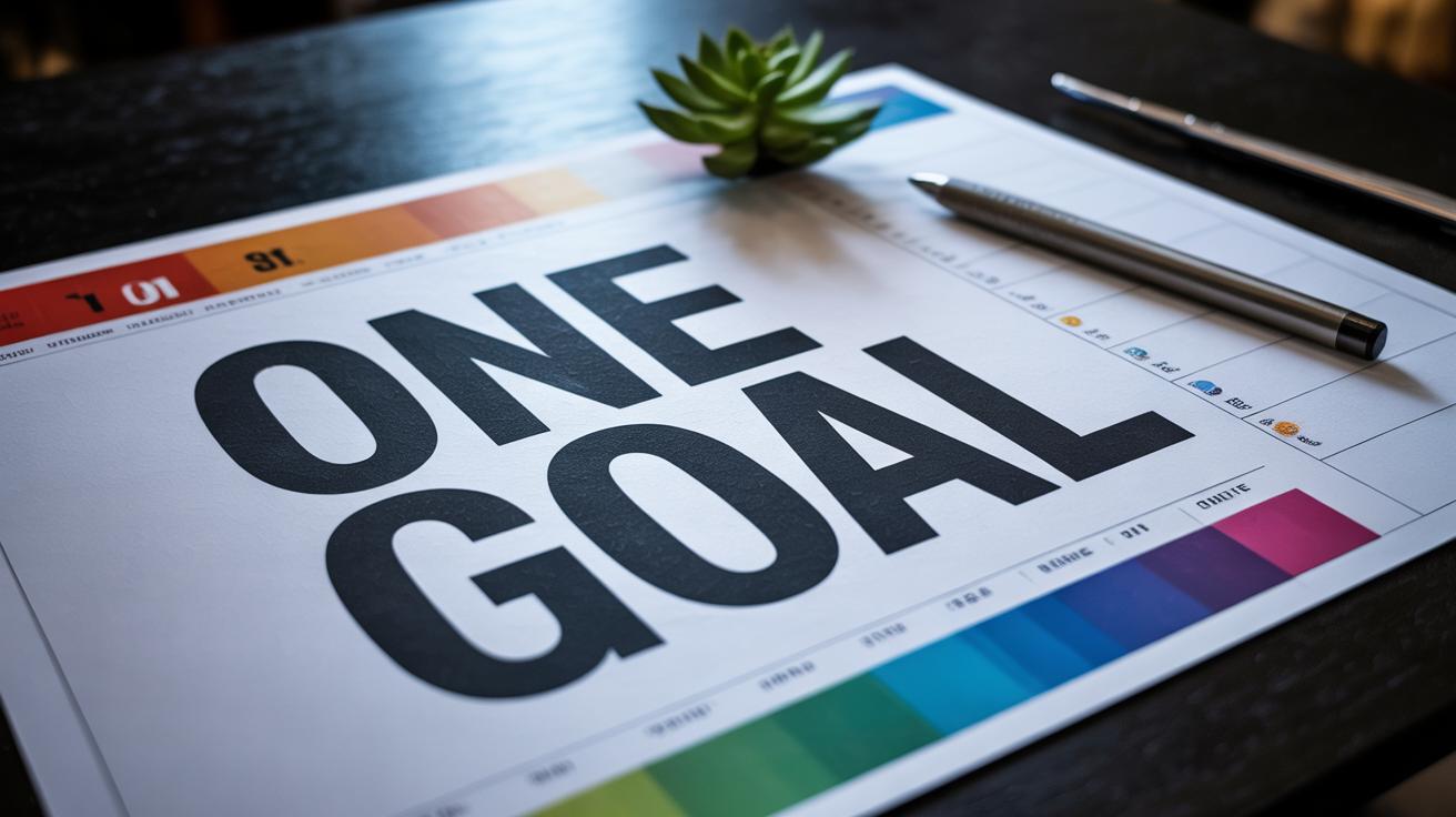 A paper with bold text reading ONE GOAL lies on a dark table next to a silver pen, a small green succulent plant, and a colorful calendar strip along the edge of the paper.