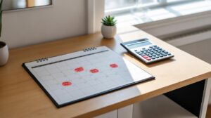 A desk with a calendar marked with red notes, a calculator, a small potted succulent, and sunlight streaming through a nearby window.
