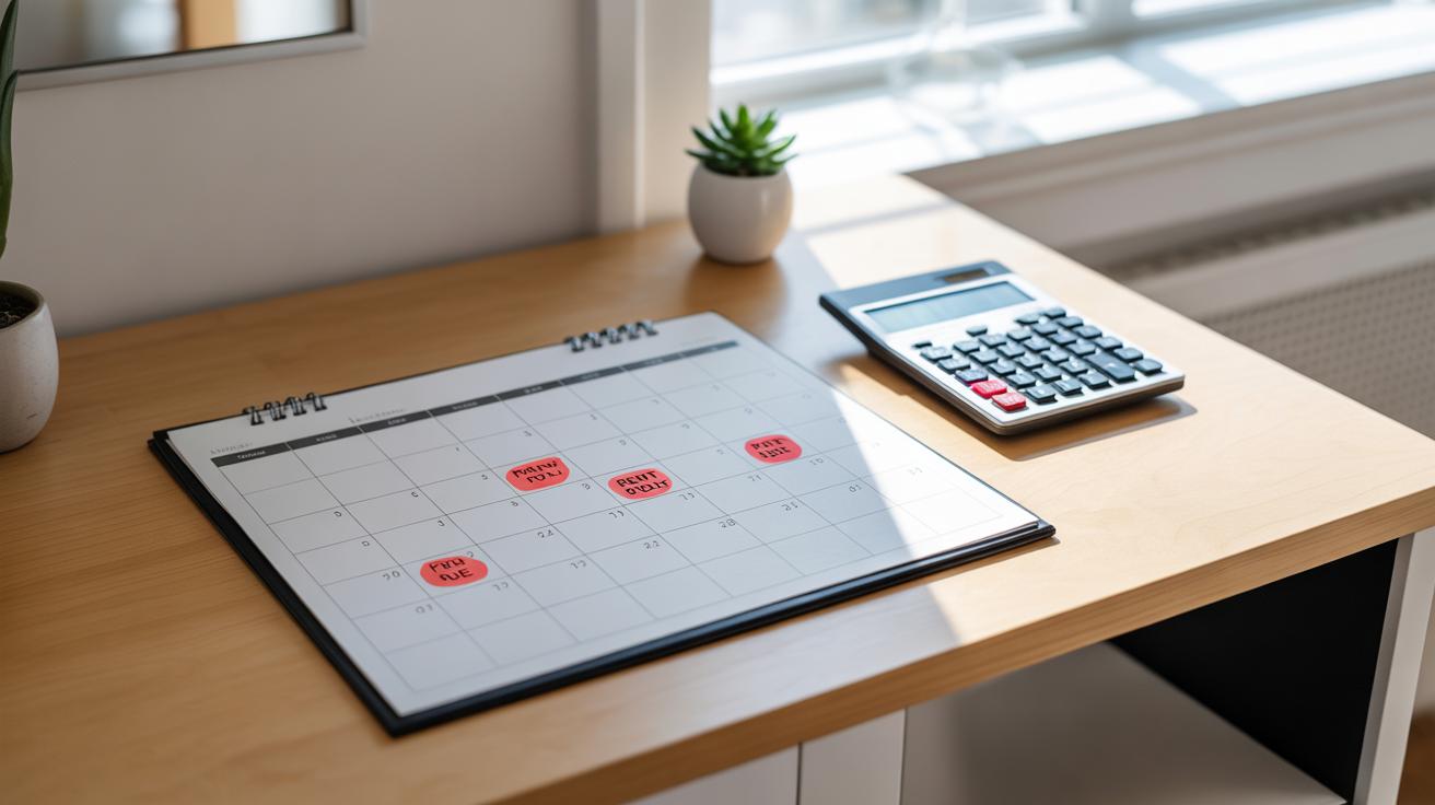 A desk with a calendar marked with red notes, a calculator, a small potted succulent, and sunlight streaming through a nearby window.